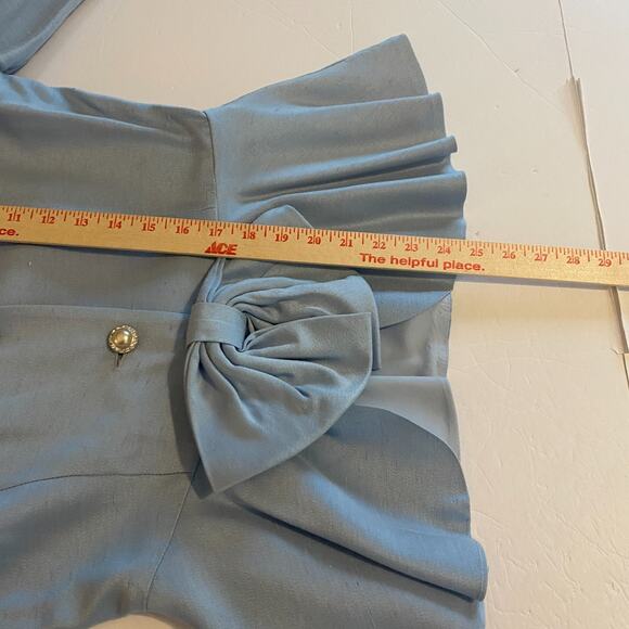 Vintage Kathie J Skirt Suit Set Sz 8 Blue Bow Rhinestone Peplum Shoulder Pads - Picture 10 of 12